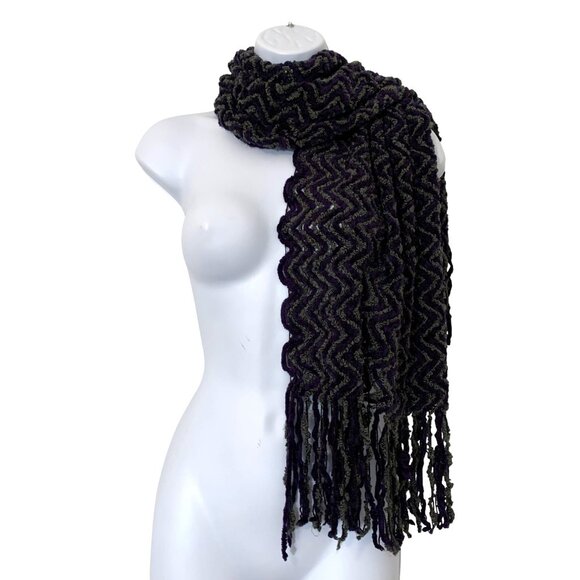 Saks Fifth Avenue Purple & Gray Chevron Knit Fringed Scarf Wrap - Made In Italy - Picture 7 of 7